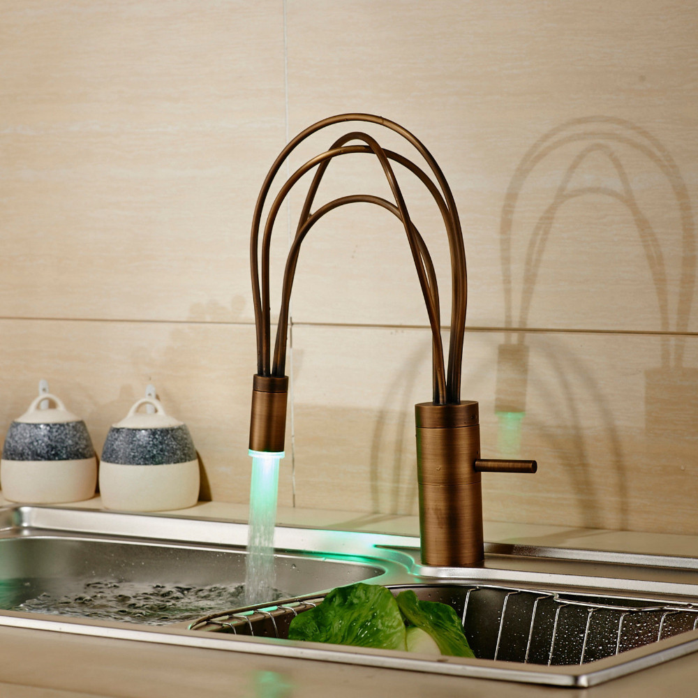 Juno Kitchen Mixer Faucet Single Lever Swivel Spout Color Changing LED Light Brass